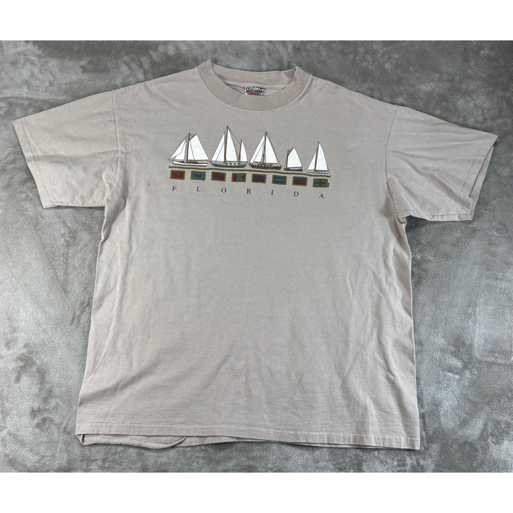 Oneita Florida Sailboat T-Shirt Mens XL Beige Vintage 90s Made in USA Graphic